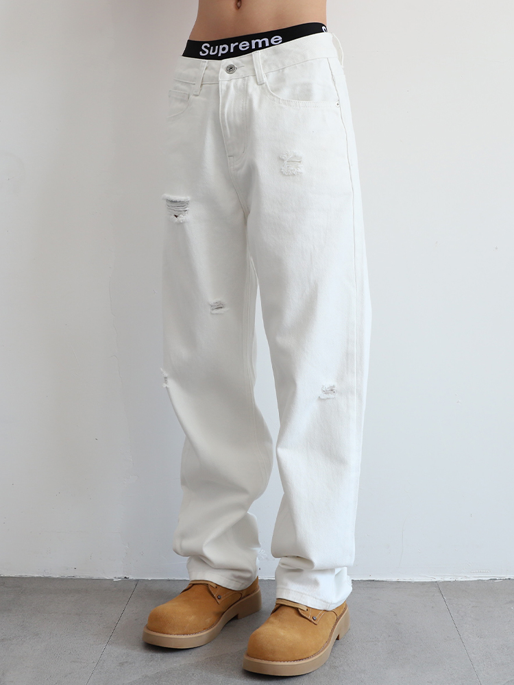 白パンツ ダメージ加工ストレートパンツ