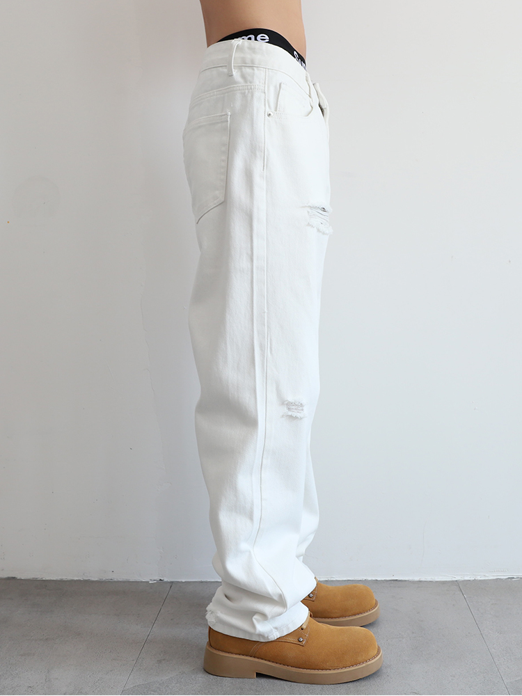 白パンツ ダメージ加工ストレートパンツ