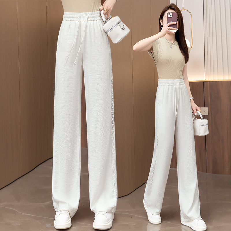 白パンツ レース切り替えワイドパンツ 総ゴム紐付き