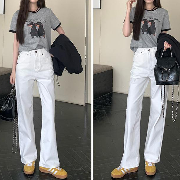 白パンツ ハイウエストストレートデニムパンツ