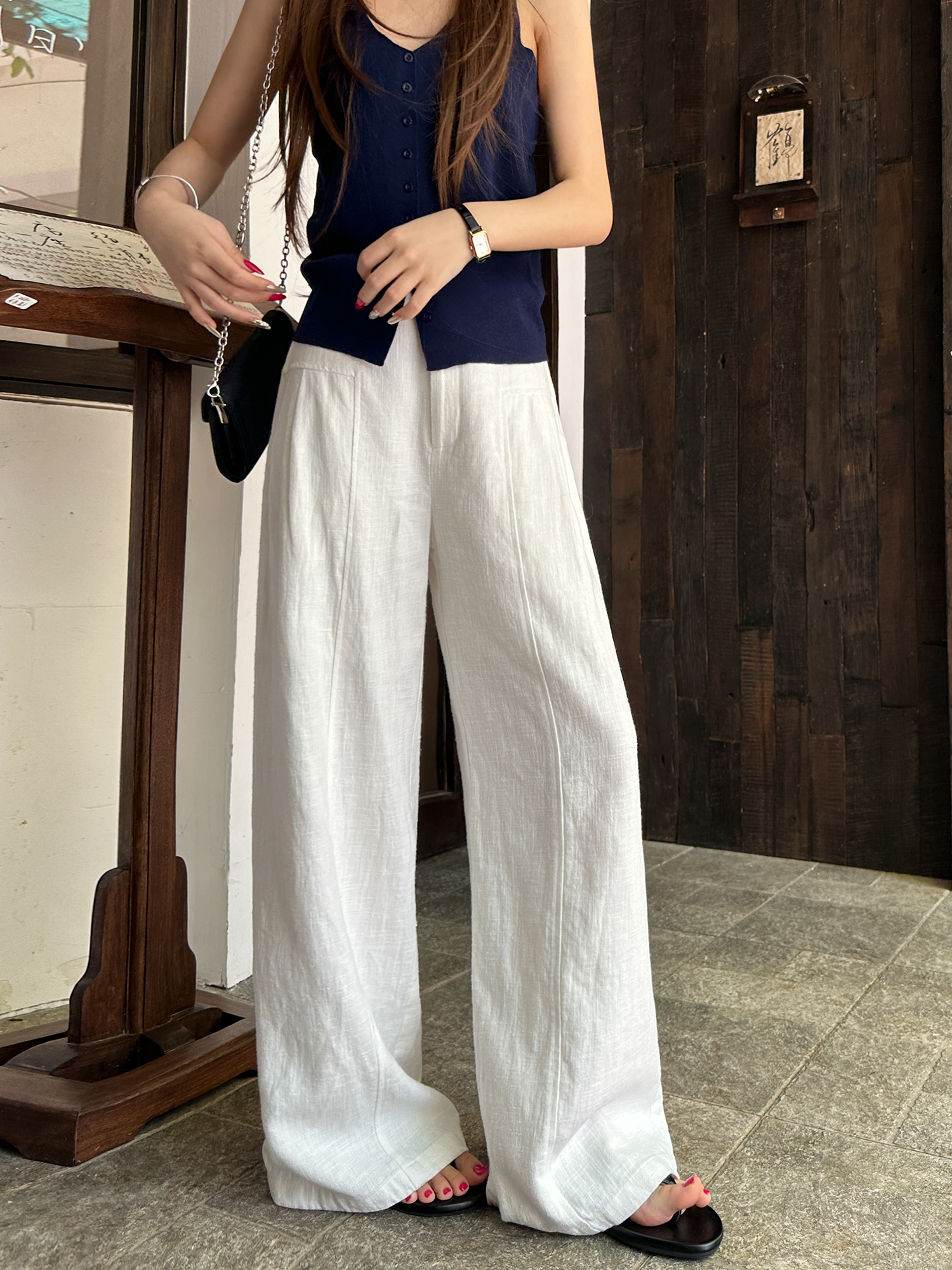 白パンツ 涼やかリネンフレアパンツ