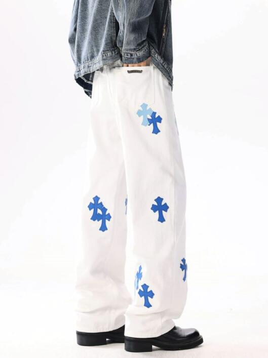 秋冬クロス柄白パンツ ワイドズボン 男性用