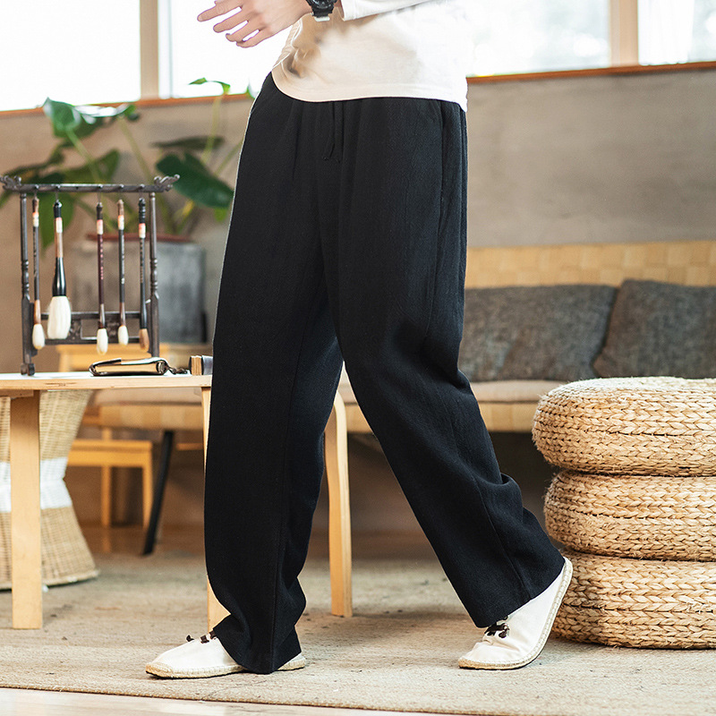 白パンツ リネン風ゆったりくつろぎパンツ