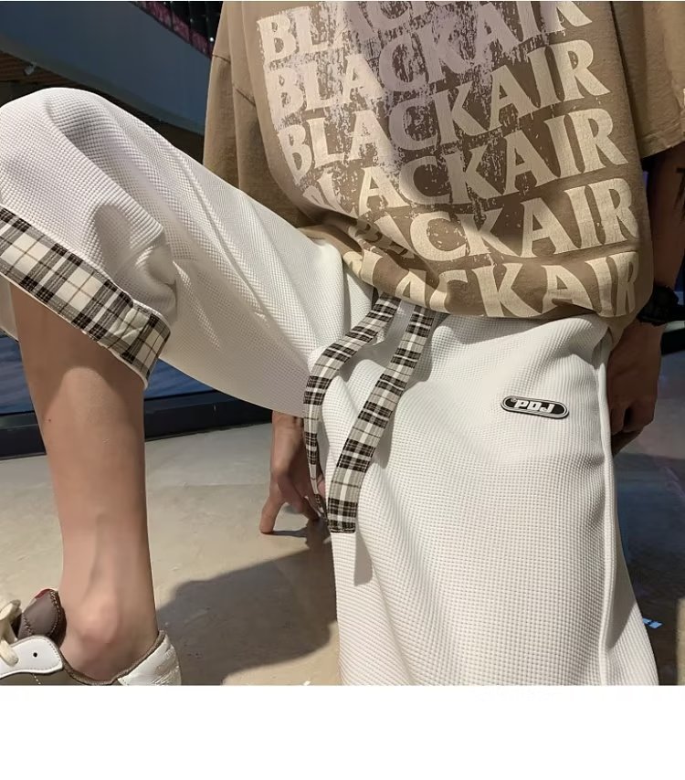 白パンツ 格子柄ワンポイント七分丈パンツ