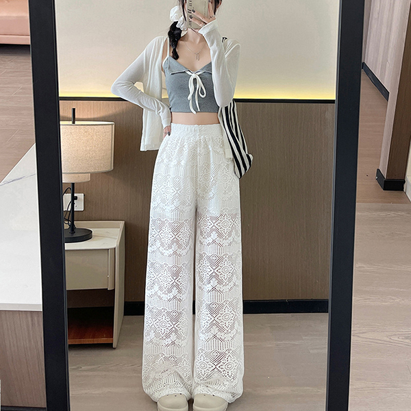 白パンツ 新作レディース透け感レースワイドパンツ