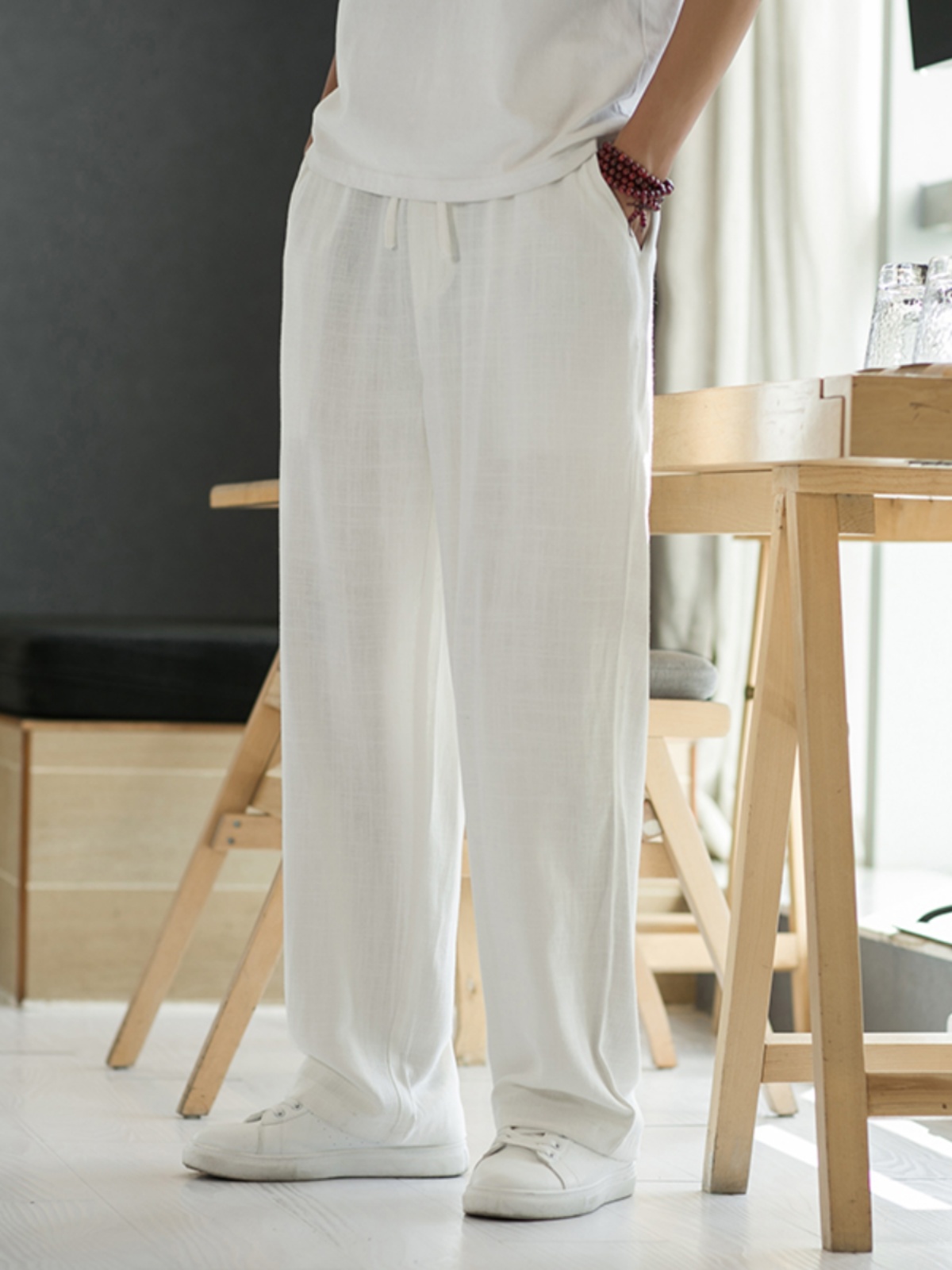 白パンツ 麻混リラックスストレートパンツ