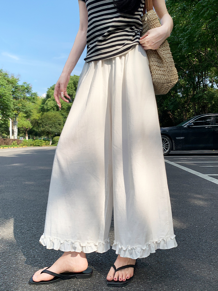 白パンツ 裾フリル付きワイドレッグ麻混素材パンツ