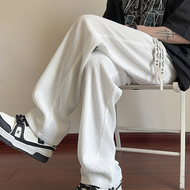 白パンツ 凹凸感シワ加工ストレートパンツ