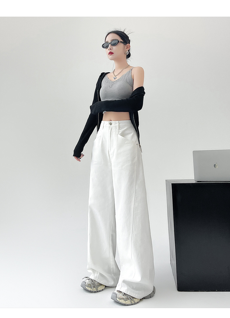 白パンツ ハイウエストゆったりシルエット美脚ロング丈ワイドパンツ