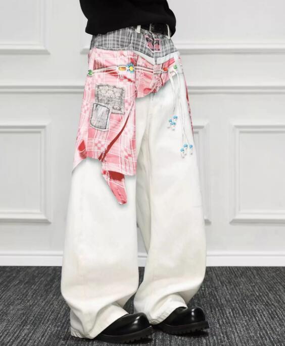 白パンツ 秋冬メンズ白ワイドパンツ レイヤード刺繍デザイン