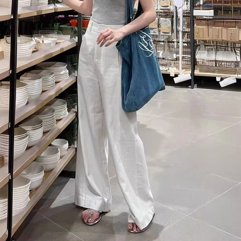 白パンツ センタープレスハイウエストゆったりワイドパンツ