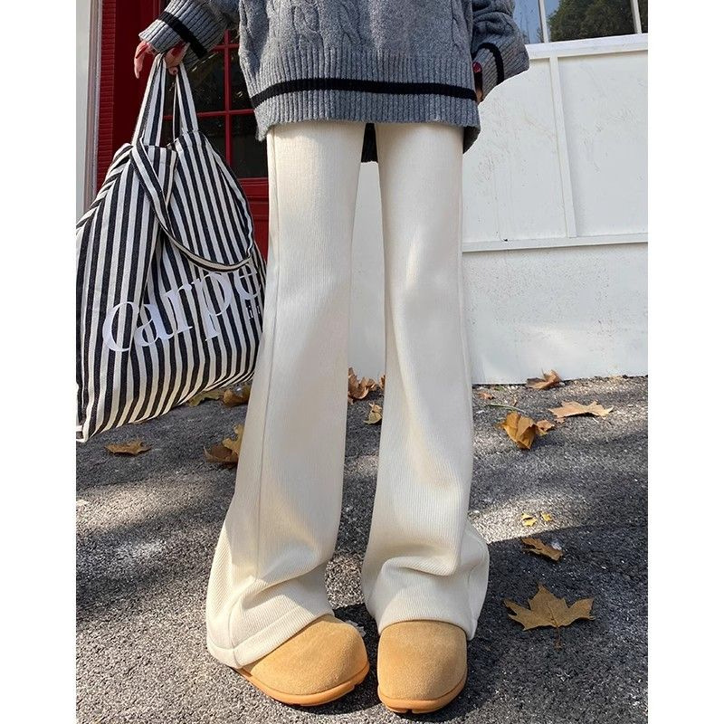 白パンツ リブ編みワイドスラックスパンツ