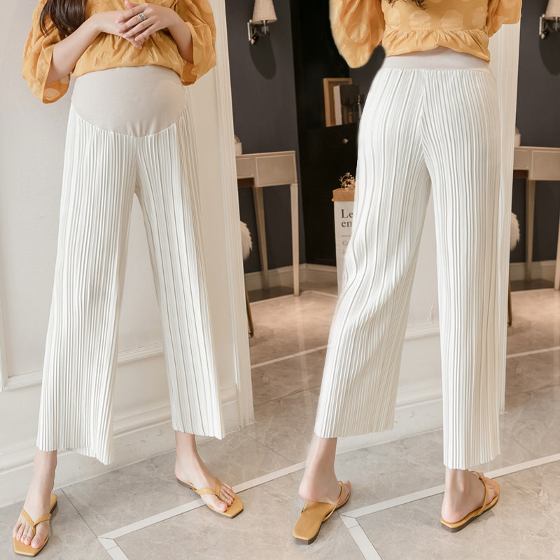 白パンツ プリーツ柄腹部調整機能付き妊婦用ワイドパンツ
