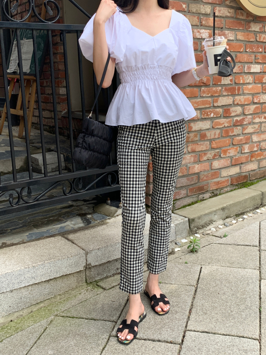 レディースシャツ 夏新作 パフスリーブ Vネック シャツ ウエストマーク レディース