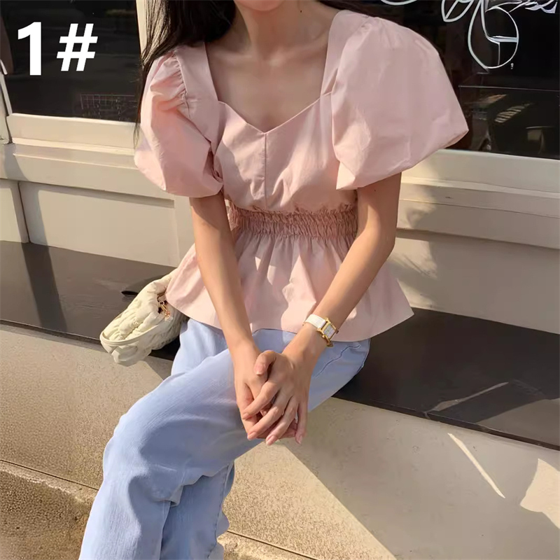 レディースシャツ 夏新作 パフスリーブ Vネック シャツ ウエストマーク レディース