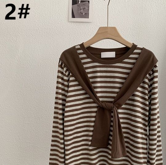 レディースシャツ 長袖 2025新作ボーダー柄長袖レディースシャツリボン付き