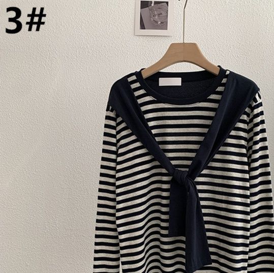 レディースシャツ 長袖 2025新作ボーダー柄長袖レディースシャツリボン付き