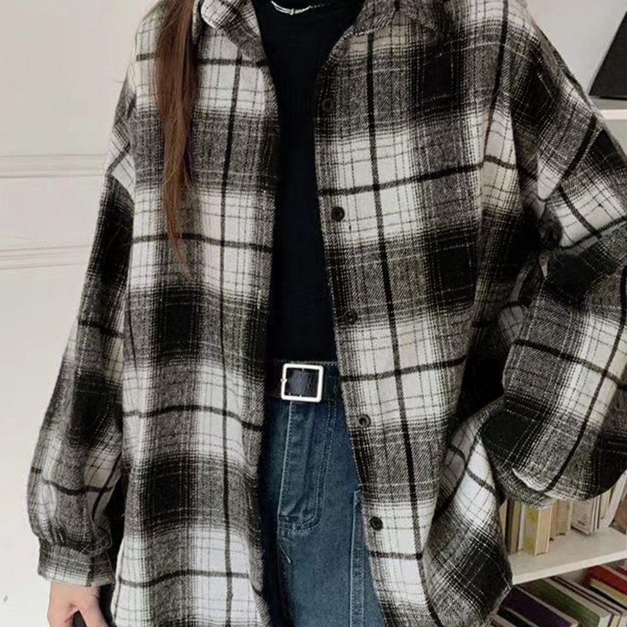 起毛チェック柄レディースシャツ厚手素材 長袖