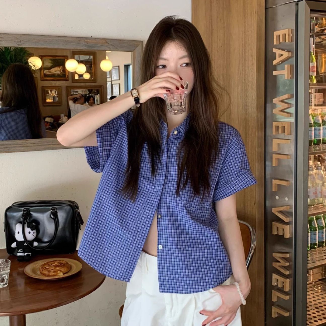 レディースシャツ 千鳥格子柄ショート丈半袖シャツ