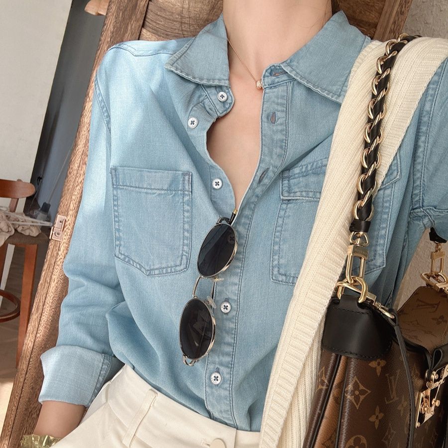 レディースシャツ デニム調ダブルポケット付き長袖シャツ