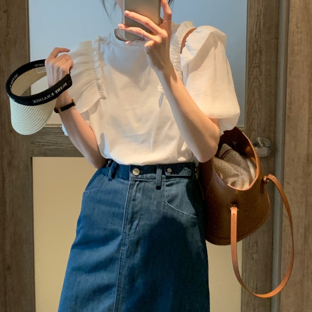 レディースシャツ 夏新作 フリル袖シャツ ラウンドネック 体型カバー レディース