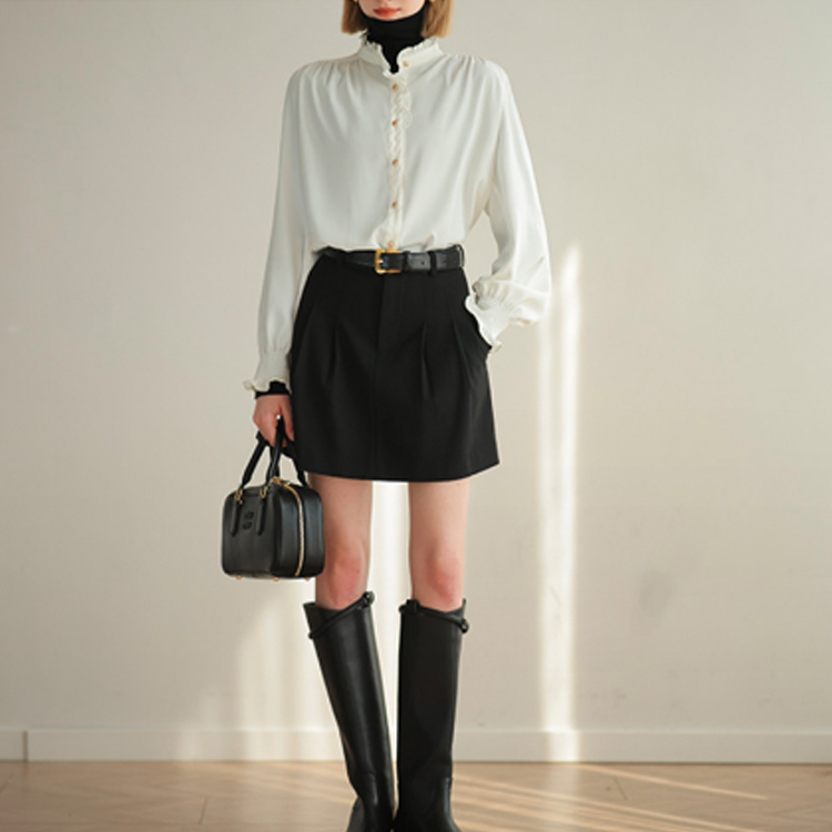 レディースシャツ 秋冬新作フリル襟ブラウス白色長袖きれいめシャツ