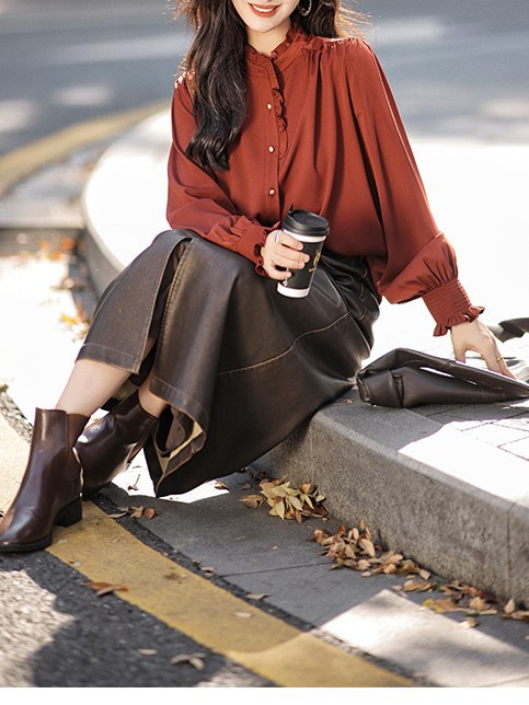 レディースシャツ 秋冬新作フリル襟ブラウス白色長袖きれいめシャツ