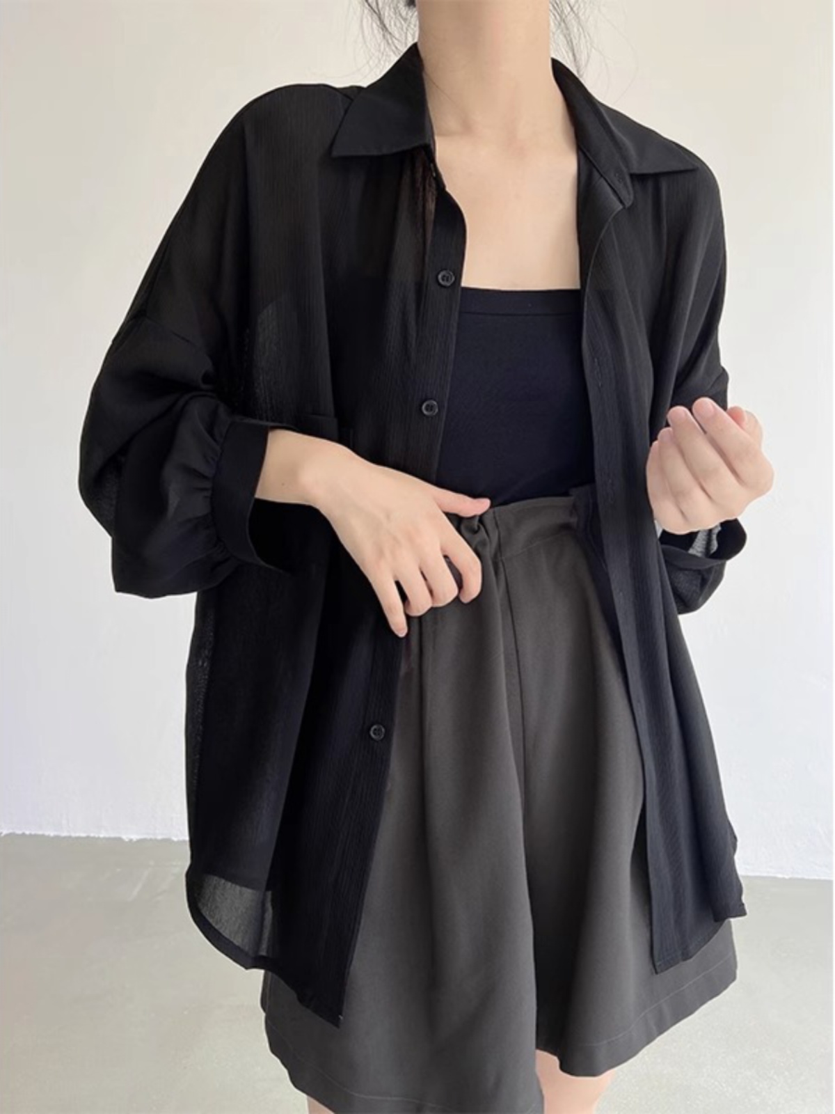 レディースシャツ 透け感シアーオーバーサイズシャツ