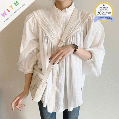 レディースシャツ 春夏新作パフスリーブブラウス白シャツフリル付き体型カバー