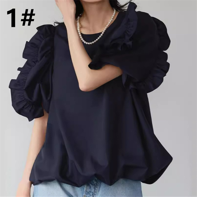 フレア袖丸首レディースシャツ大人可愛い春夏新作