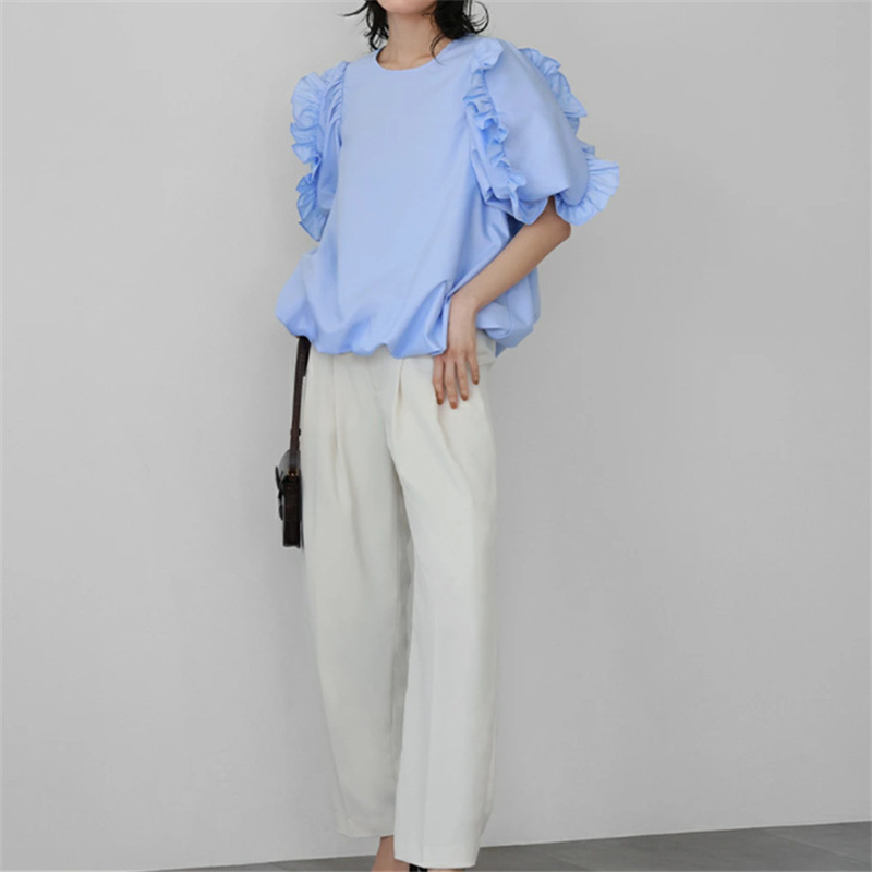 フレア袖丸首レディースシャツ大人可愛い春夏新作