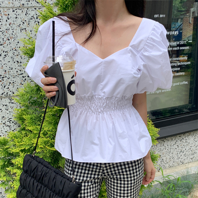 レディースシャツ 夏新作 パフスリーブ Vネック シャツ ウエストマーク レディース