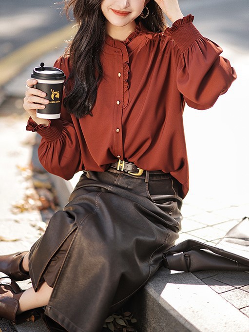 レディースシャツ 秋冬新作フリル襟ブラウス白色長袖きれいめシャツ