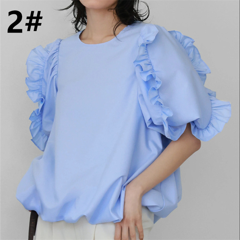 フレア袖丸首レディースシャツ大人可愛い春夏新作