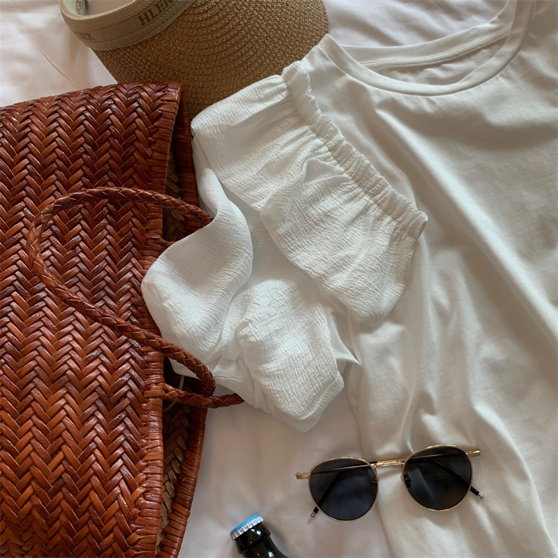 レディースシャツ 夏新作 フリル袖シャツ ラウンドネック 体型カバー レディース