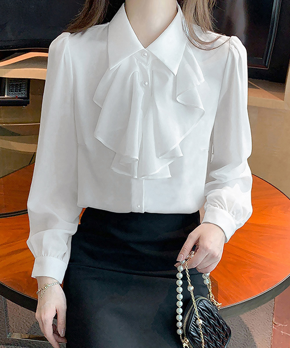 レディースシャツ フリルリボン付き白シャツブラウス