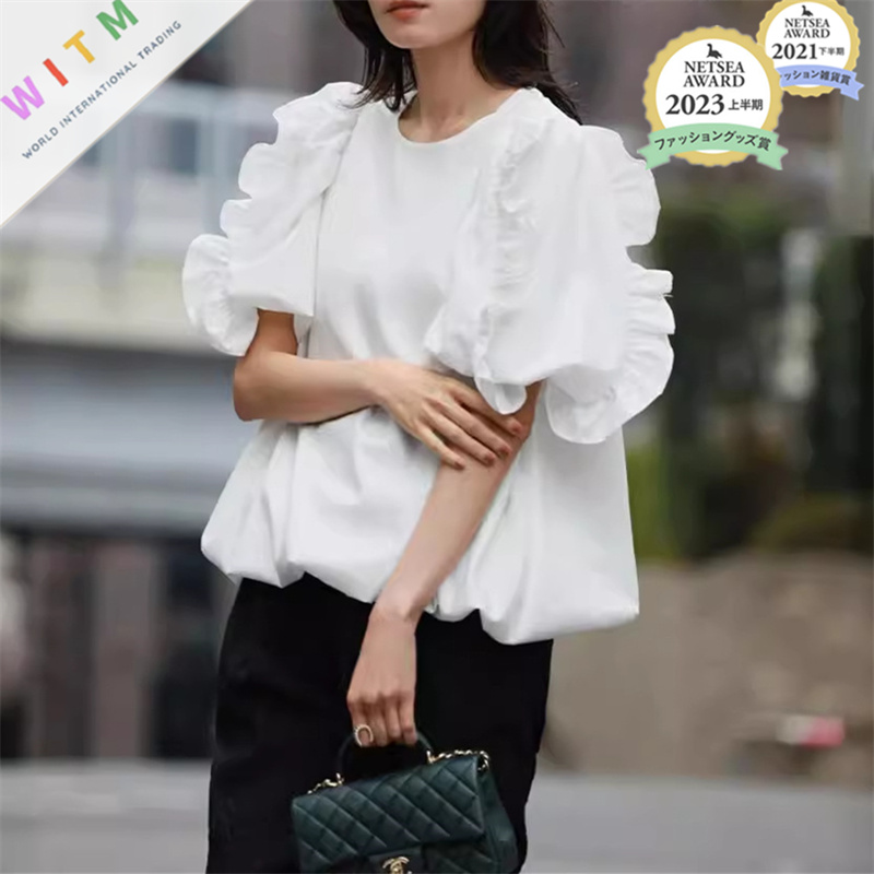 フレア袖丸首レディースシャツ大人可愛い春夏新作
