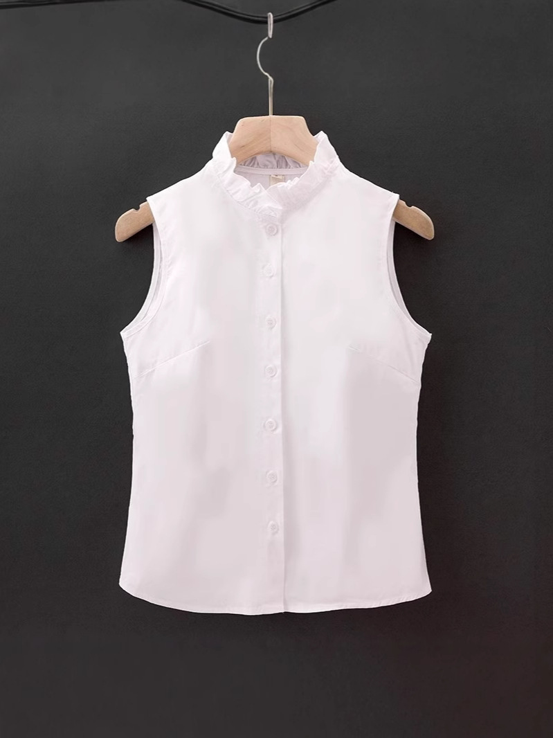 レディースシャツ フリルスタンドカラーノースリーブブラウス