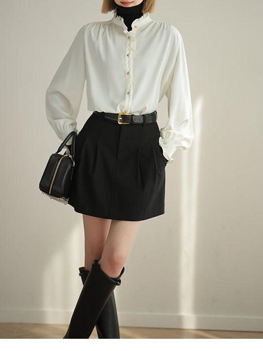 レディースシャツ 秋冬新作フリル襟ブラウス白色長袖きれいめシャツ