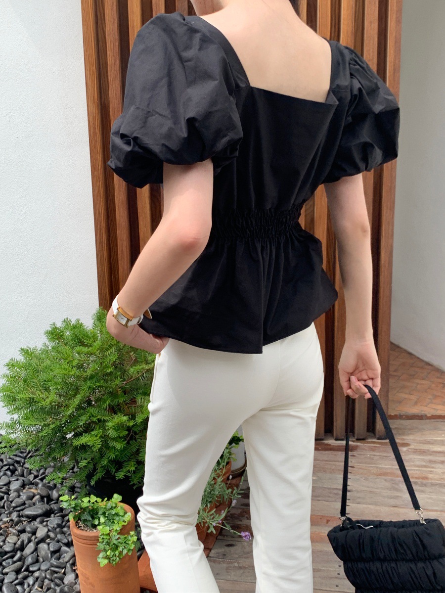 レディースシャツ 夏新作 パフスリーブ Vネック シャツ ウエストマーク レディース