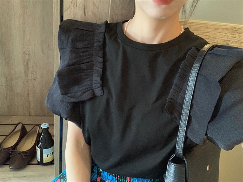 レディースシャツ 夏新作 フリル袖シャツ ラウンドネック 体型カバー レディース