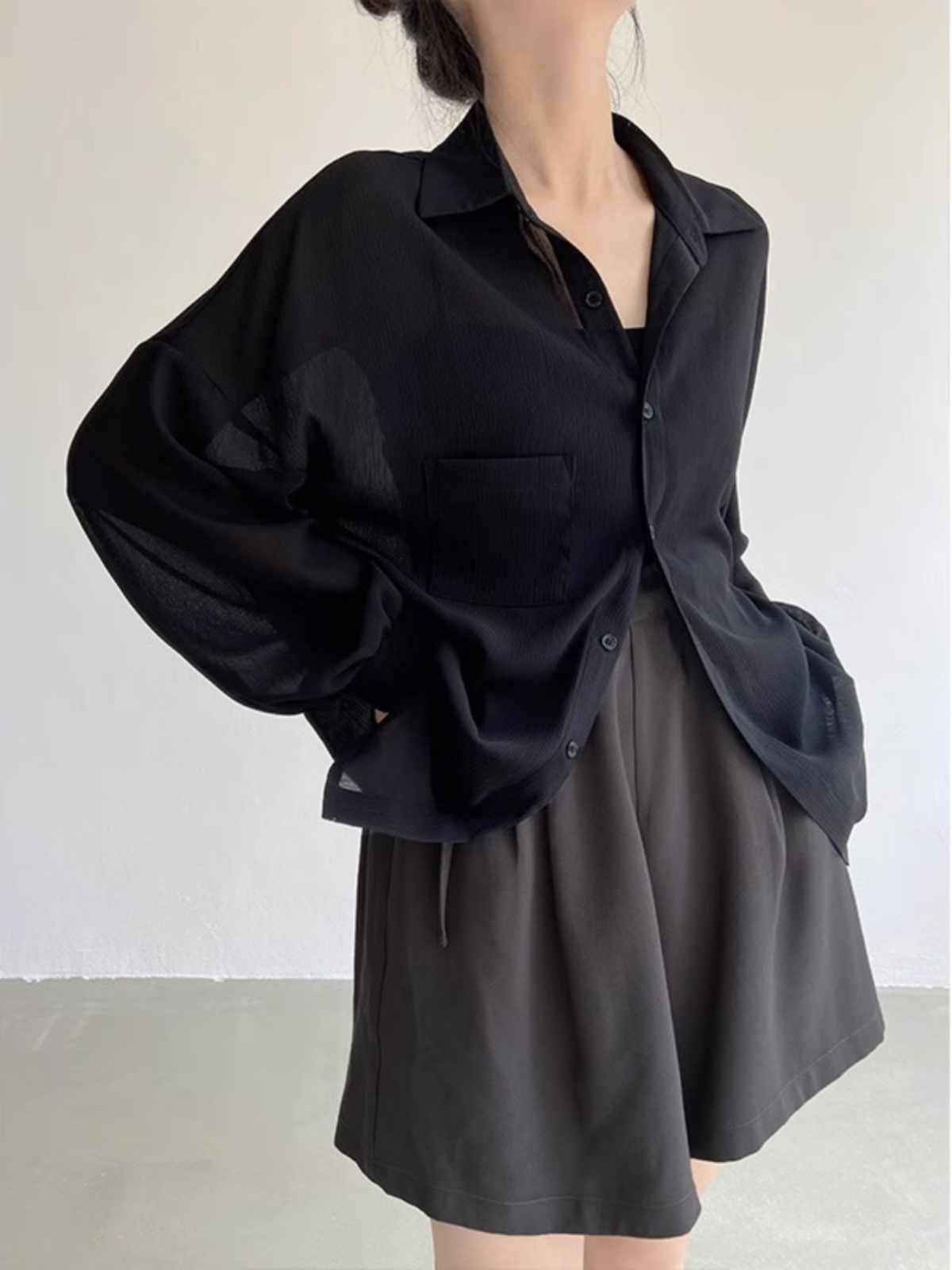 レディースシャツ 透け感シアーオーバーサイズシャツ