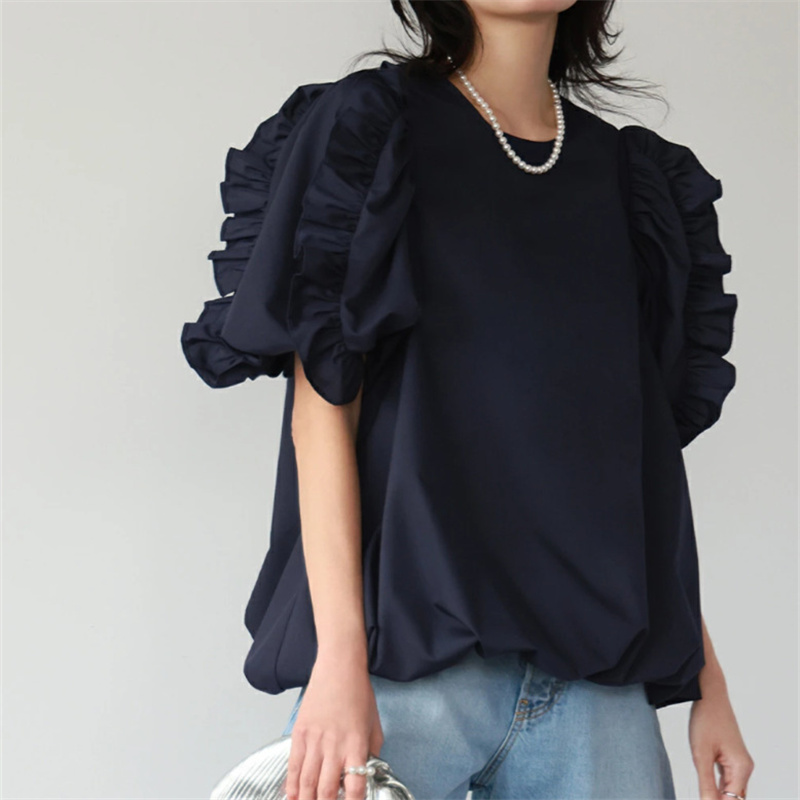 フレア袖丸首レディースシャツ大人可愛い春夏新作
