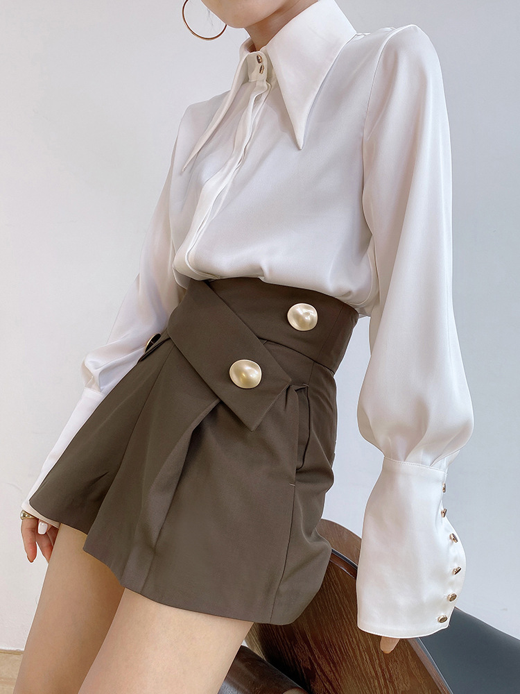 レディースシャツ 袖ボタンデザイン長袖ブラウス通勤フォーマル