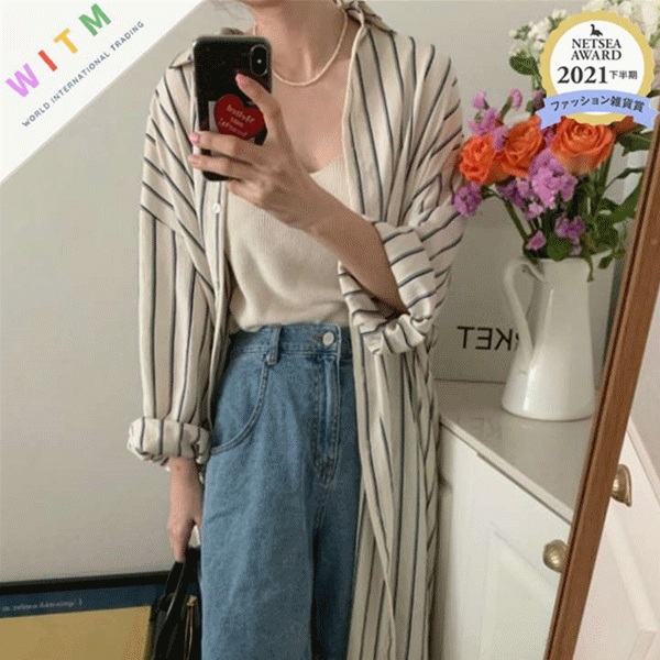 レディースシャツ 縦縞柄ロングシャツワンピース長袖体型カバー