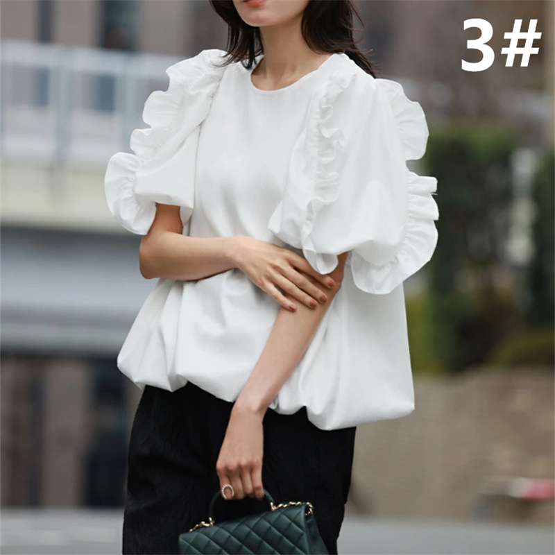 フレア袖丸首レディースシャツ大人可愛い春夏新作