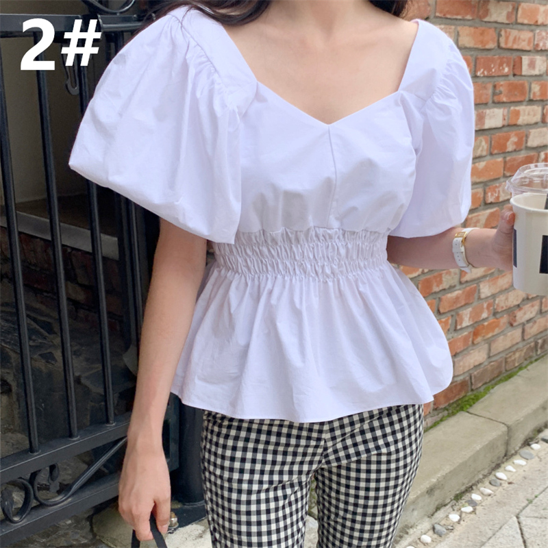 レディースシャツ 夏新作 パフスリーブ Vネック シャツ ウエストマーク レディース