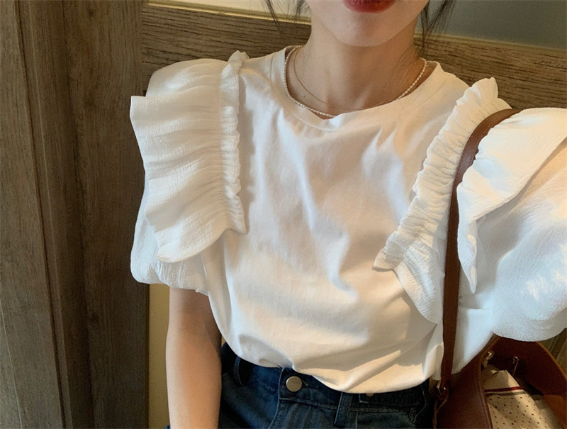 レディースシャツ 夏新作 フリル袖シャツ ラウンドネック 体型カバー レディース