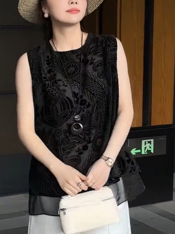 レディースシャツ 花模様ベロア風ノースリーブシャツ
