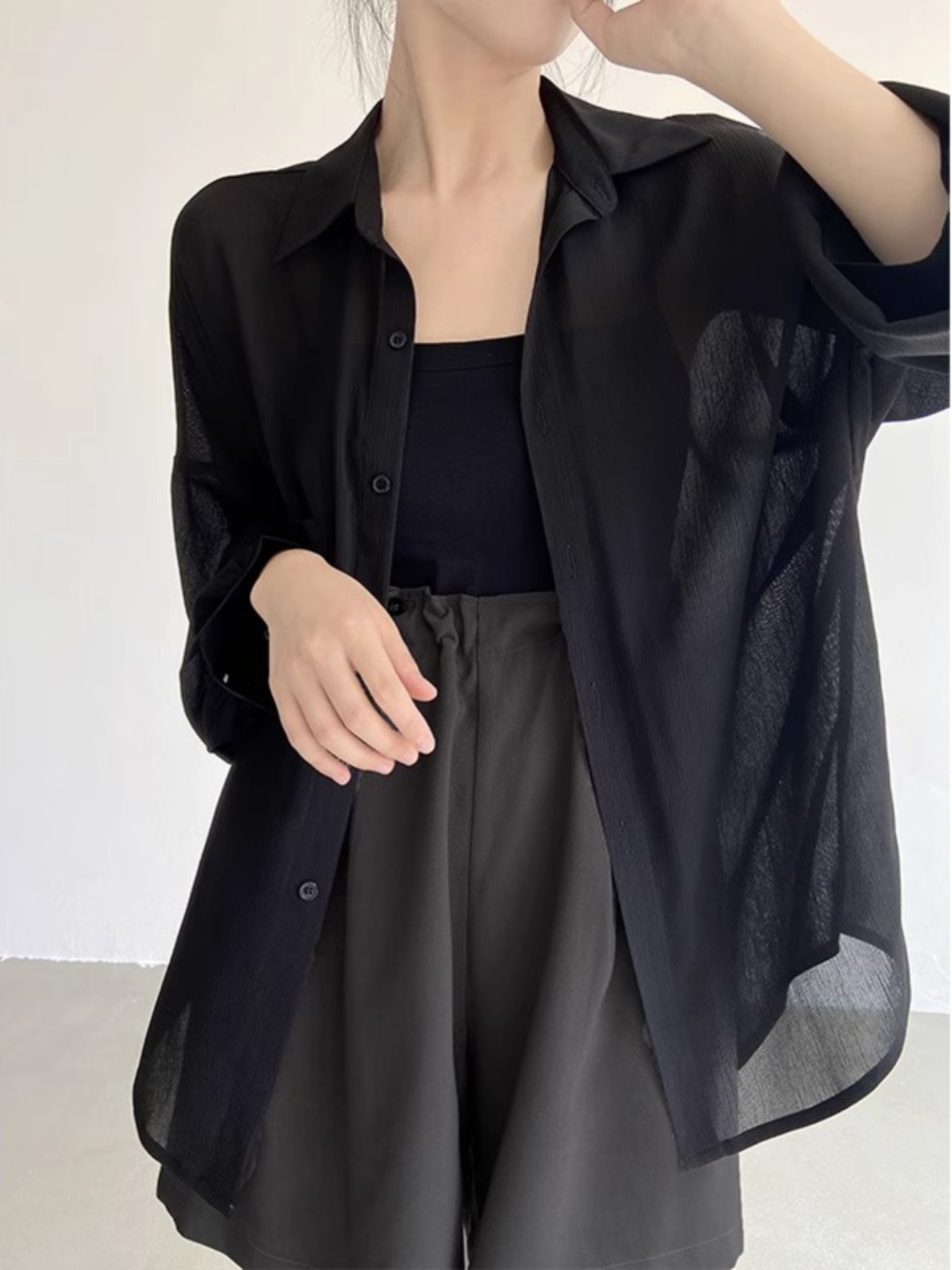 レディースシャツ 透け感シアーオーバーサイズシャツ